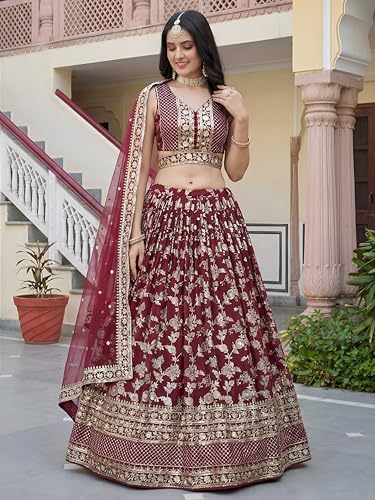 Zeel Clothing Women's Sequins Zari Embroidered Dola Silk Jacquard Lehenga Choli With Dupatta (7100-Maroon-Women-New-Lehenga-Choli, Free size) (Maroon)