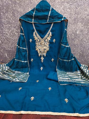 Leeli Peeri Designer Women's Vichitra Silk Embroidery Work Unstitched Salwar Suit Dress Material