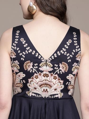 Label RITU KUMAR V Neck Sleevesless Printed Long Dress Black