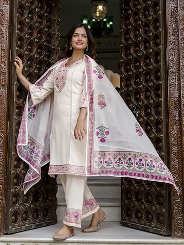 TRENDMALLS Women's Cotton Embroidery Kurta Pant with Dupatta Salwar Suit Set (G287-Offwhite-3XL-)