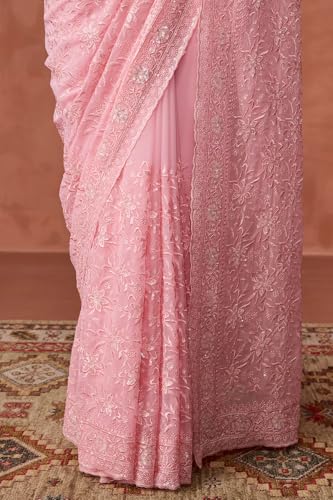 Soch Womens Pink Georgette Floral Print Saree