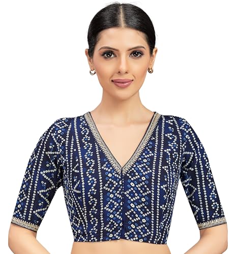 Studio Shringaar Women's Bandhni Printed & Embroidered Saree Blouse with Elbow Length Sleeves (Navy Blue, 44)