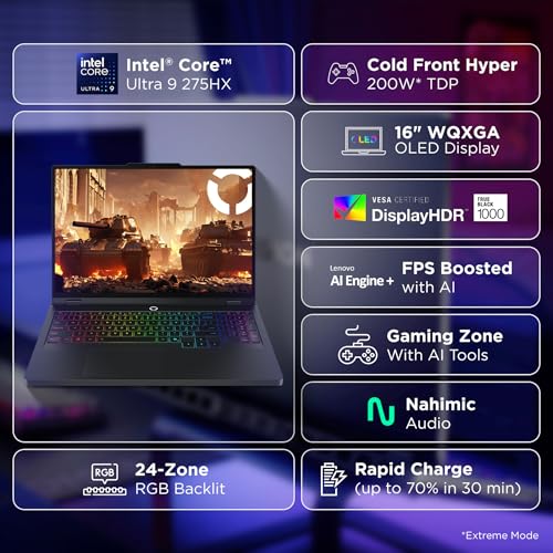 Lenovo Legion Pro 5 2025 Intel Core Ultra 9 275HX | NVIDIA RTX 5070 8GB (32GB RAM/1TB SSD/WQXGA OLED/165Hz/16 (40.6cm)/Windows 11/Office 2024+AI Now/Black/2.4Kg), 83F3007BIN AI Powered Gaming Laptop