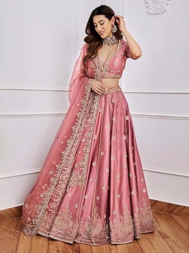Zeel Clothing Women's Art Silk Semi-Stitched Sequins Dori Embroidered Lehenga Choli with Dupatta (7091-Pink--Lehenga-Choli-Latest; Free Size) (Pink)