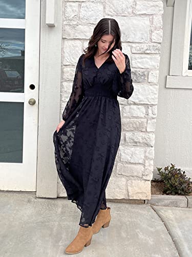 Simplee Women's Bridesmaid Wedding Guest Formal Maxi Dress Boho Floral Flowy Long Dress V Neck Long Sleeve Ruffle Dress, 1#black, Medium