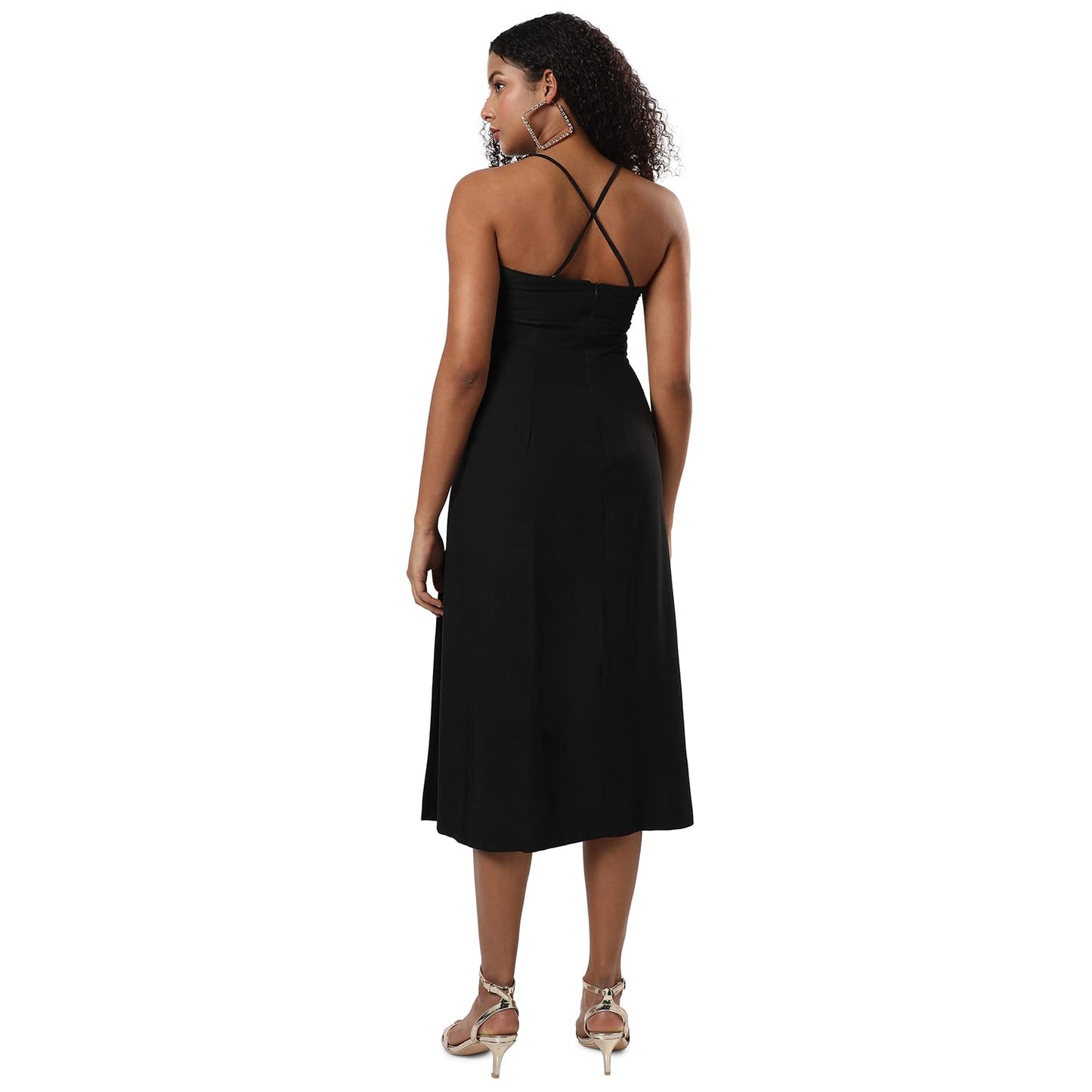 Campus Sutra Women's Solid Black Sleeveless Midi Length Regular Fit Dress for Casual Wear | Round Neck Dress Crafted with Comfort Fit and High Performance for Everyday Wear