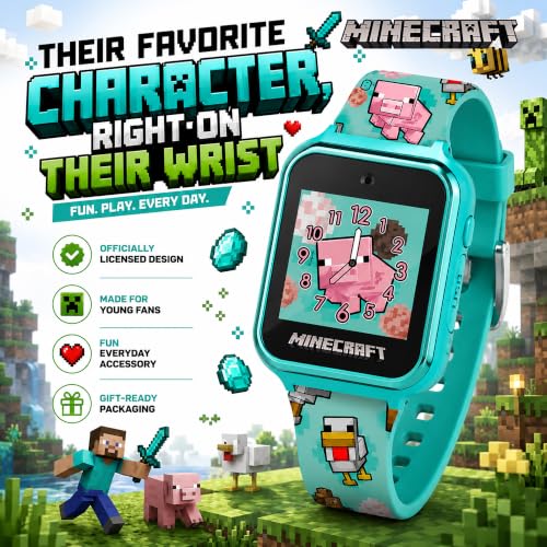 Minecraft Kids Smart Watch with Touchscreen Display, 10 Watch Faces, Games, Camera, Alarm, Timer, Step Counter & Calculator – Fun Interactive Learning Watch for Boys & Girls, Fits Wrist Sizes 5.5"-8",