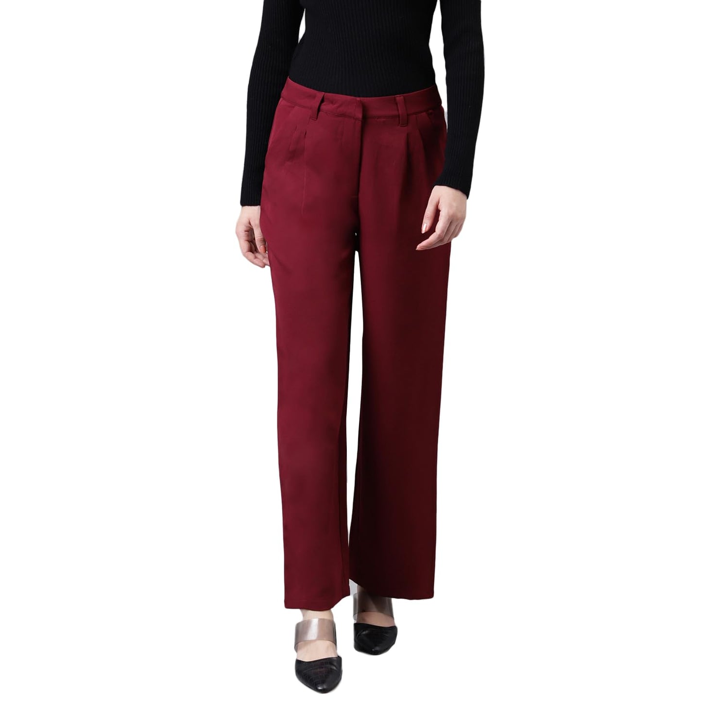 Latin Quarters Women's Solid Straight Maroon Pant_L