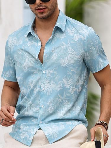VastraVibes Men’s Tropical Printed Casual Shirt | Slim Fit Short Sleeve Summer Shirt | Lightweight Breathable Fabric | Beach & Vacation Wear (in, Alpha, L, Regular, Sky Blue)