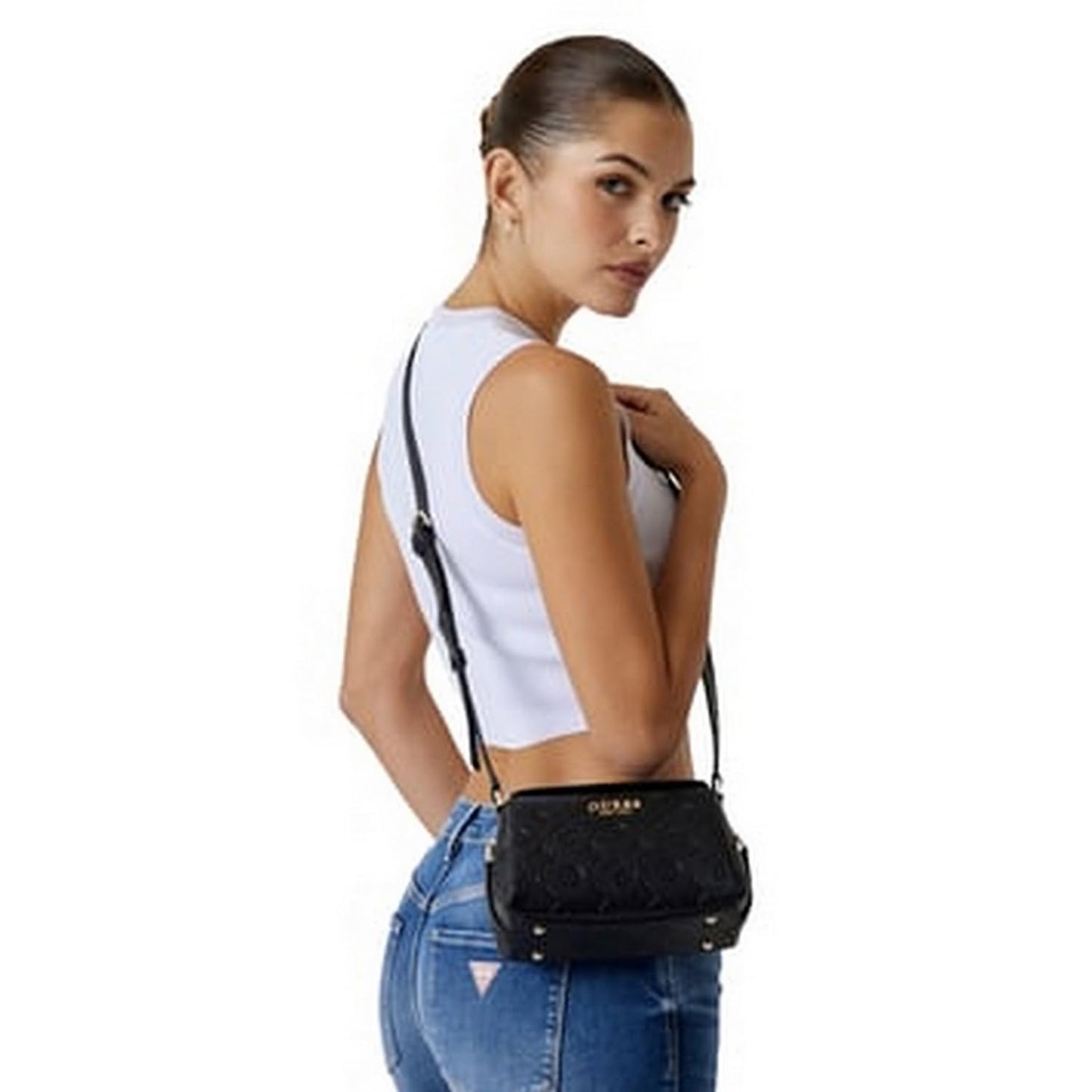 GUESS Women Black Geometric Adjustable Strap Mini Crossbody Bag