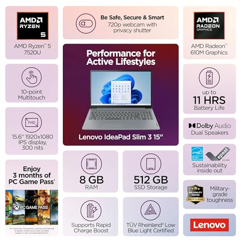 Lenovo IdeaPad Slim 3 15.6" FHD Touch Laptop, AMD Ryzen 5 7520U, 8GB DDR5 RAM, 512 SSD, Windows 11 Home, AMD Radeon 610M, Copilot AI, Artic Grey, 82XQ00RSUS