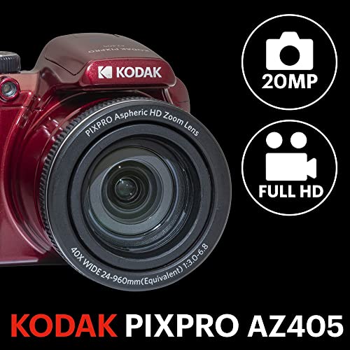 KODAK Pixpro Astro Zoom AZ405 Digital Camera Bridge, X40 Zoom, 24 mm Wide Angle, 20 Megapixels, LCD 3, Full HD 1080p Video, OIS, AA Battery – Red