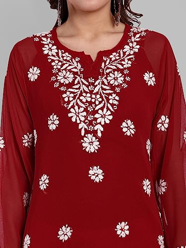 Ada Hand Embroidered Lucknow Chikankari Red Georgette Short Top Tunic Kurti for Women A911354 (3XL)