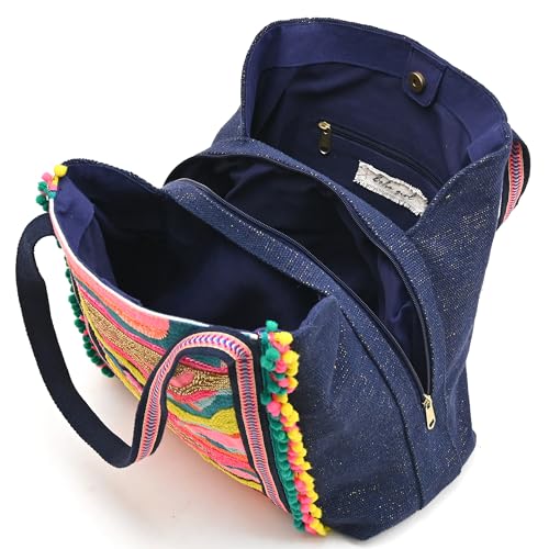 Boho Girl Rainbow Waves Embellished Tote | Hand Beaded Navy Blue Jacquard Tote | Handicrafted Bag for Women | Multicolour Bead Embellished Handbag | Birthday Gifts for Sisters | Handbag for Office