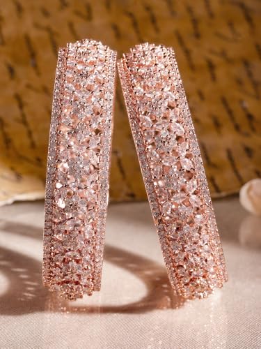 Rubans Womens Set of 2 Rose Gold Plated Zirconia Stone Studded Bangles