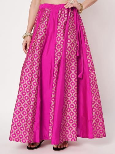 studio rasa Women's Silk Blend Block Printed Kalidaar Skirt for Wedding Festive Party(SKTC62510L_Pink_Large)