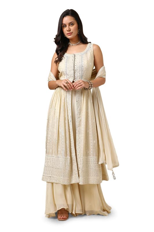 Soch Womens Off White Chinon Embroidered Suit Set With Sequins