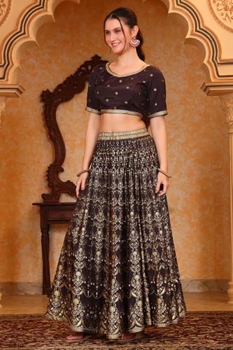 Aurelia Women’s Abstract Printed Tape Embellished Straight Black Crop Top, Skirt and Dupatta Set (Size-XXL)-AS16060-509644