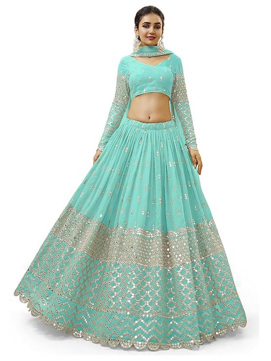 TIMELESS SHOPING Wondrous Women's Indian Traditional Pure Silk Lehenga Choli With Blouse, Color Sky Blue