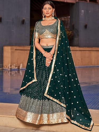 Zeel Clothing Women's Sequins and Thread Embroidery Georgette Semi Stitched Lehenga Choli With Dupatta (5078-Green-Womens-Lehenga-Choli-Latest; Free Size)