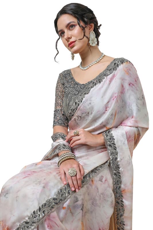 Soch Womens Pink Crepe Abstract Print Saree Zardosi Lace Border