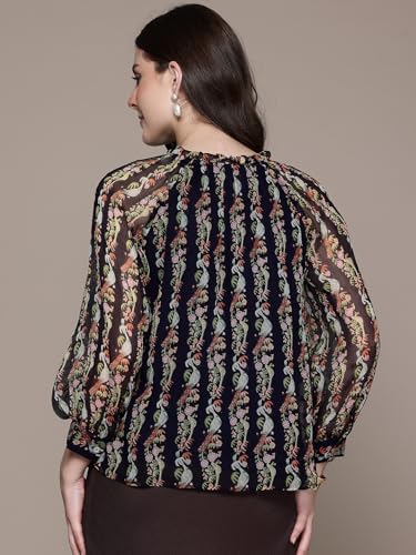 Label RITU KUMAR Round Neck Full Sleeves Printed Top with Inner Navy