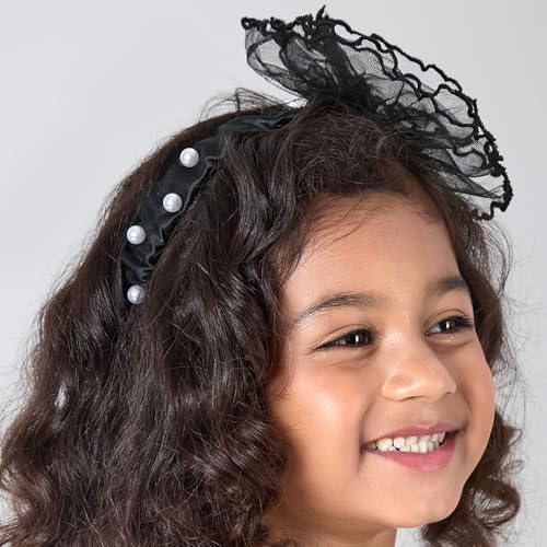 Hopscotch Girls Floral Applique Pearl Dress with Headband in Black Color for Age (4-5 Years)