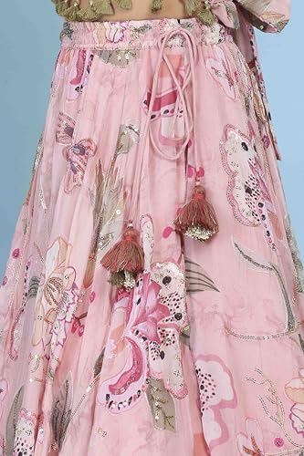 Biba Girls Pink Viscose Organza Printed Regular Lehenga Set_14-15Y