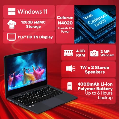 Neopticon EBook 11.6" HD Laptop | Best Student & Office Work Laptop | Celeron N4020 | 4GB DDR4 | 128GB eMMC + M.2 SSD Expandable Slot | Win 11 Home |31Wh Battery | UHD Graphics 600 | Black