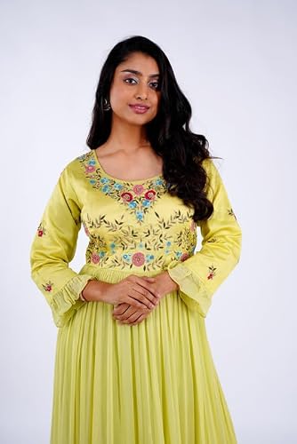 KIYANA'S Women's Georgette Traditional Outfit with Long Boutique Gown with Frills | Full Sleeve with Short Frills, (Size:-L) Olive Green