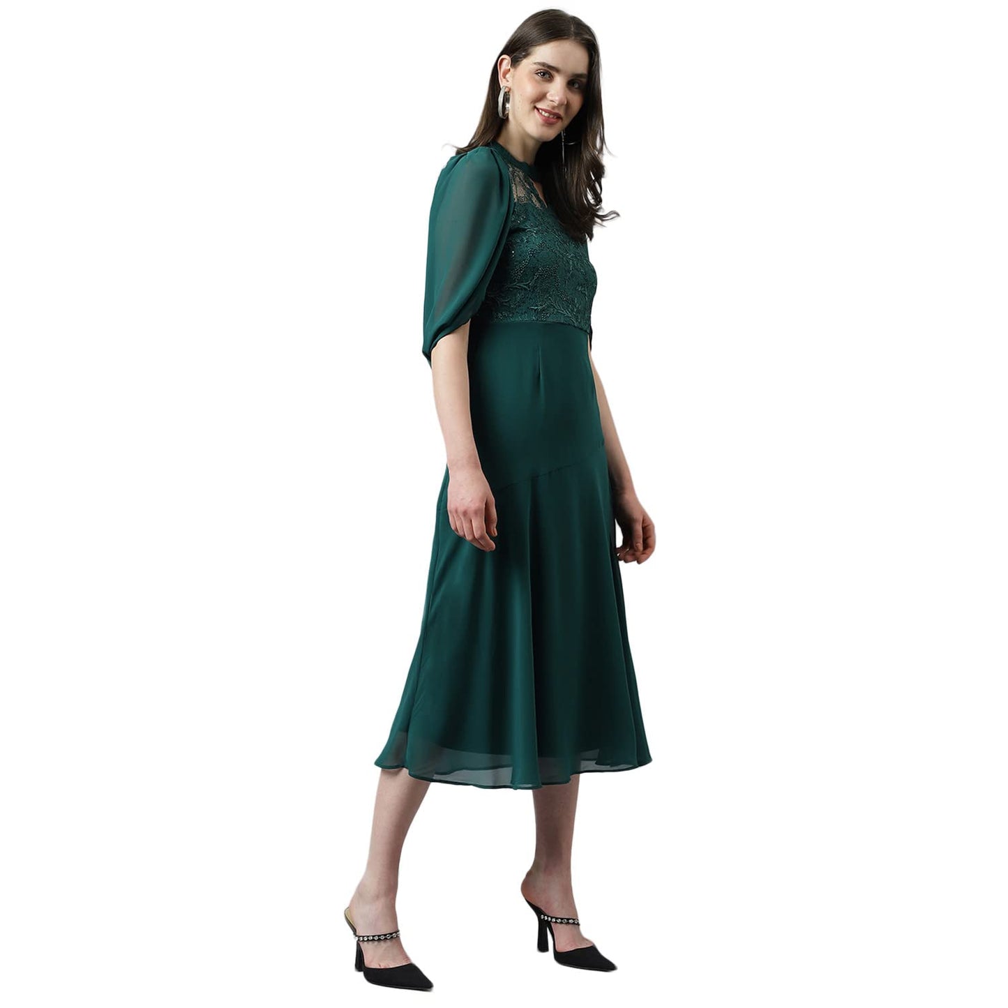 Latin Quarters Women's Green Fit & Flare Lace Midi Dress_XL