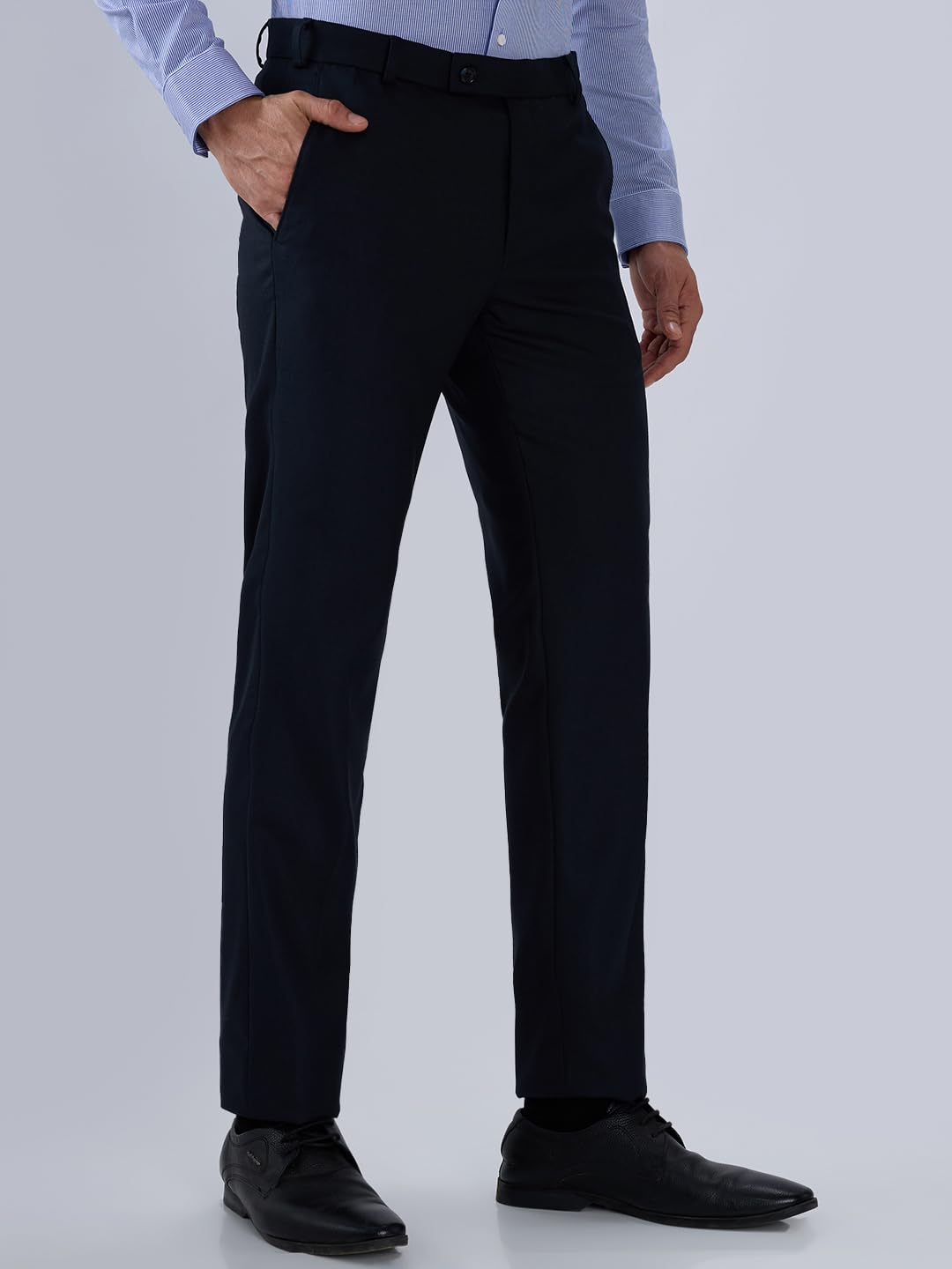 Park Avenue Men Slim Fit Solid Pattern Poly Viscose Blend Flat Front Formal Trouser Dark Blue