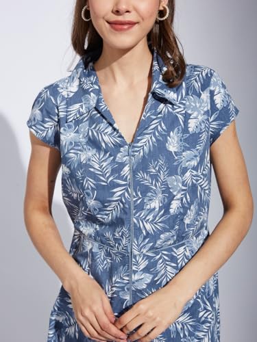 Latin Quarters Women Blue Collar Neck Cap Sleeve Printed A-Line Dress_2XL