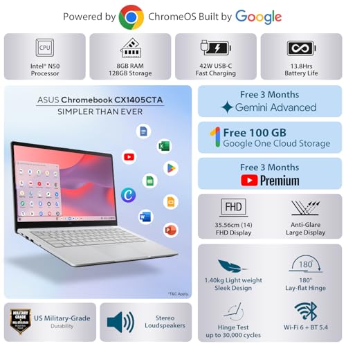 ASUS Chromebook CX1405 (2026), Intel N50 Processor, Intel UHD iGPU, 8GB RAM, 128GB SSD, FHD, 14" (35.5 cm), Chrome OS, Pure Grey, 1.39 Kg, CX1405CTA-S60622, 42WHrs, Thin & Light Laptop