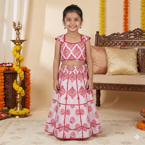 Q-one Store Girls Rayon Lehenga Choli Set with Inner Cape | Lacework Floral Printed Kids Ethnic Wear | Traditional Indian Outfit for Girls (2–10 Years) (2-3 Years)