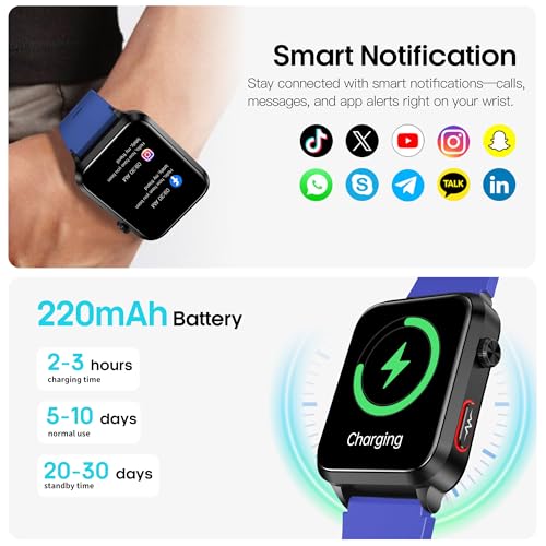 Yowow BIT Blood Pressure Smart Watch Air Bag Air Cuff, 24/7 Heart Rate Blood Oxygen Body Temperature Sleep Respiration Rate Health Monitor Activity Tracker Familiy Data Sharing (Blue)