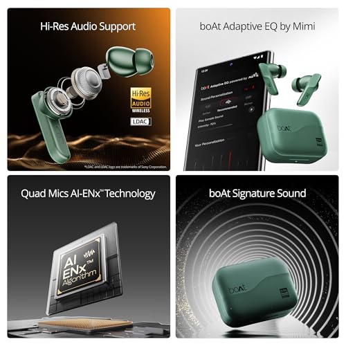 boAt Airdopes 800 HiDef, Hi-Res Audio LDAC, 4Mic ENx, App Support, ASAP Charge, IPX5, Low Latency, Dual Pairing, BTv5.3, Bluetooth TWS in Ear Earbuds Wireless Earphones (Emerald Green)