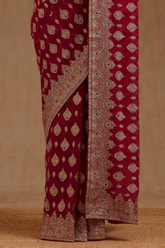 Soch Womens Fuchsia Georgette Embroidered Saree With Stone Work