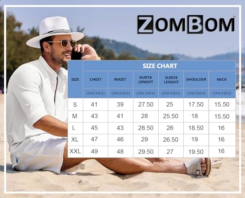 Zombom Men's Cotton Polyester Blend Mandarin Collar Self One Design Printed Full Sleeve Casual Short Kurta Shirt Green