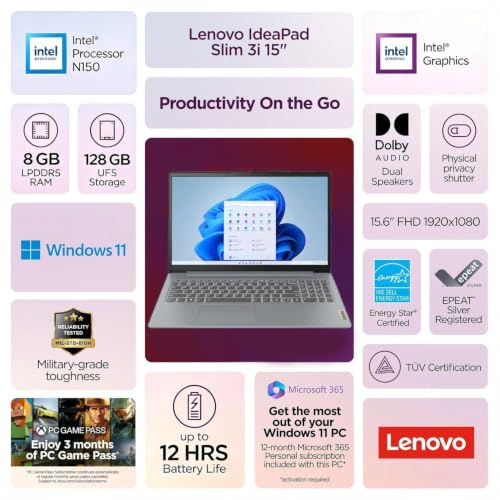 Lenovo IdeaPad Slim 3i 15.6" FHD Laptop with 1-Year Microsoft 365 Included, Intel N150 Processor, 8GB DDR5 RAM, 128GB SSD, Wi-Fi 6, Windows 11, Everyday Student Laptop, Grey