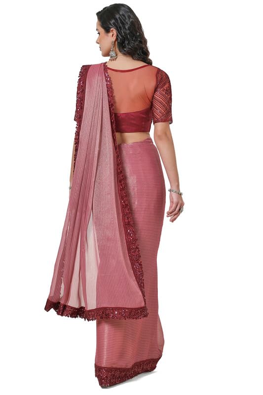 Soch Womens Onion Pink Chiffon Striped Saree with Sequin Lace Border