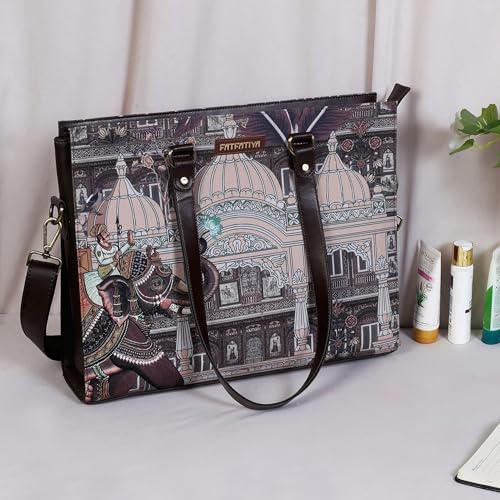 Fatfatiya Indian Heritage Elephant Art Office Tote Bag for Women | Laptop Handbag Fits 15.6 Inch | Palace Illustration Work Bag | Detachable Sling Strap