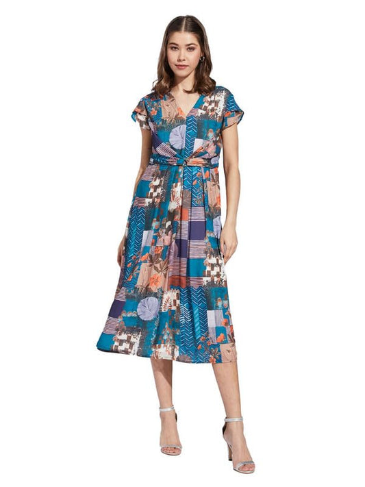 Latin Quarters Women Teal V-Neck Half Sleeve Printed A-Line Dress_S
