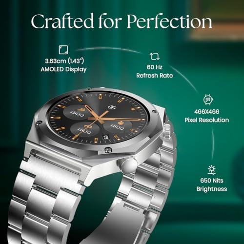 Titan Maestro 1.47" Zero Lag AMOLED Smart Watch for Man with SS316L Stainless Steel, BT Calling, 60Hz Refresh Rate, Health Tracking,10 Days Battery,Water & Dust Resistant, Extra Silicon Strap (Silver)