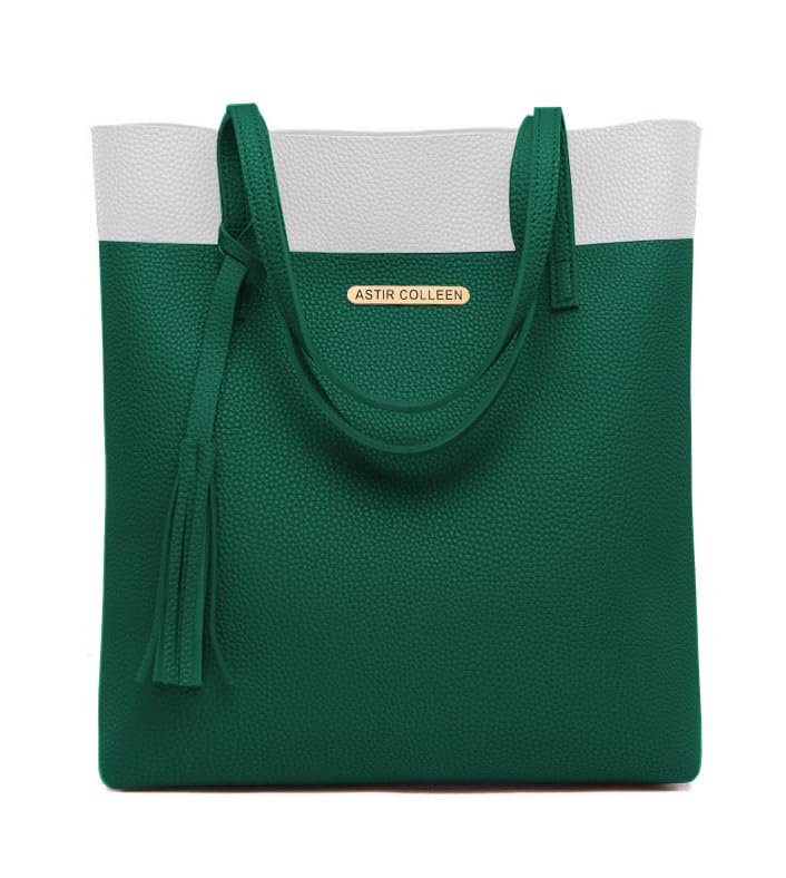 ASTIR COLLEEN Vegan Leather Women's Classic Tote Bag With Zipper (Green-White)