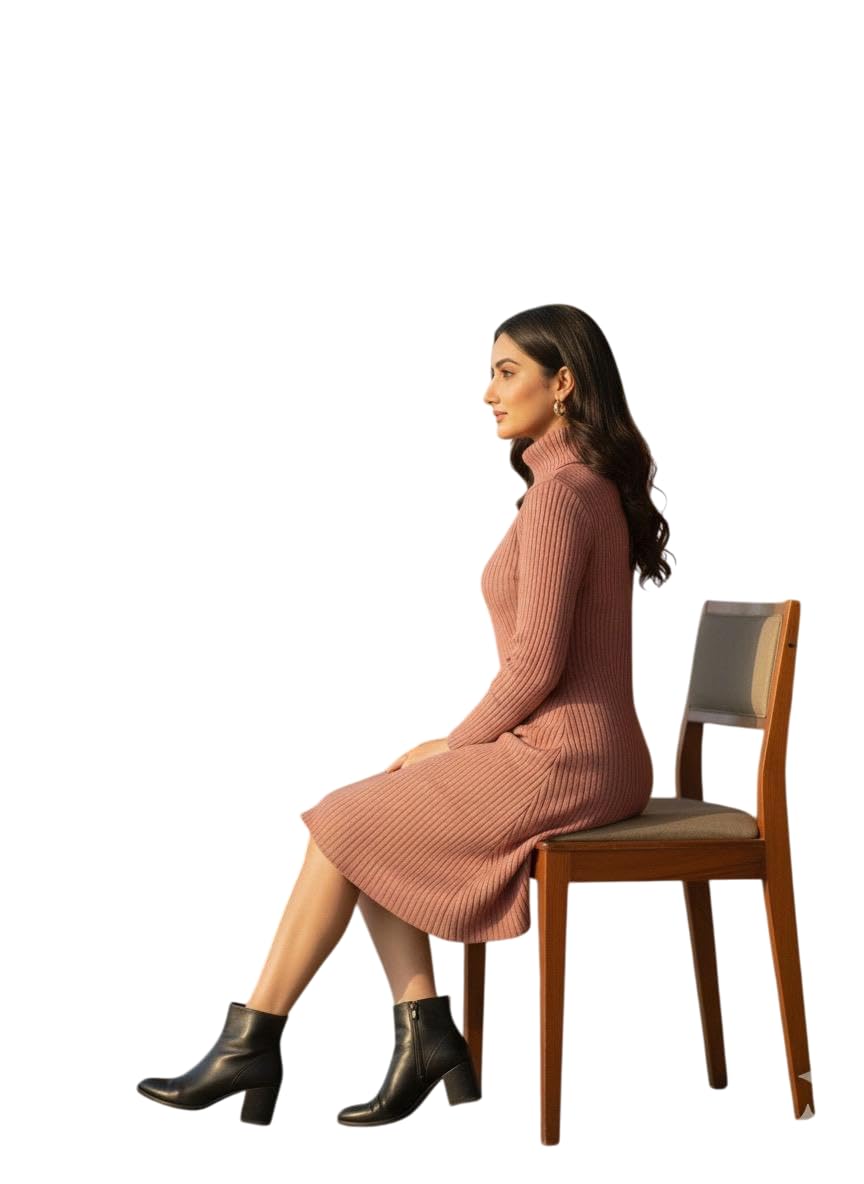 PatolaSwag Women’s Winter Knitted Warm High-Neck Knee-Length Dress – Peach Soft Ribbed Sweater Dress for Party, Office, Casual & Outing Wear (in, Alpha, M, Regular, Standard, Peach)