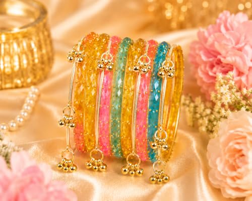JPS 16 Pcs Trendy Stylish Raindrop Glass & Kashmiri Ghungroo Bangles Set for Women & Girls | Gold-Plated Traditional Festive Wedding Party Jewellery Chudi Set (12 Glass + 4 Metal) (Multi Super, 2-8 Combo)
