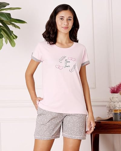 BODYCARE Women's Cotton Printed T-Shirt and Shorts Set | Soft & Breathable Nightwear | Short Sleeves | Loungewear Co-Ord Set | BSSS17034_100 Multicolour