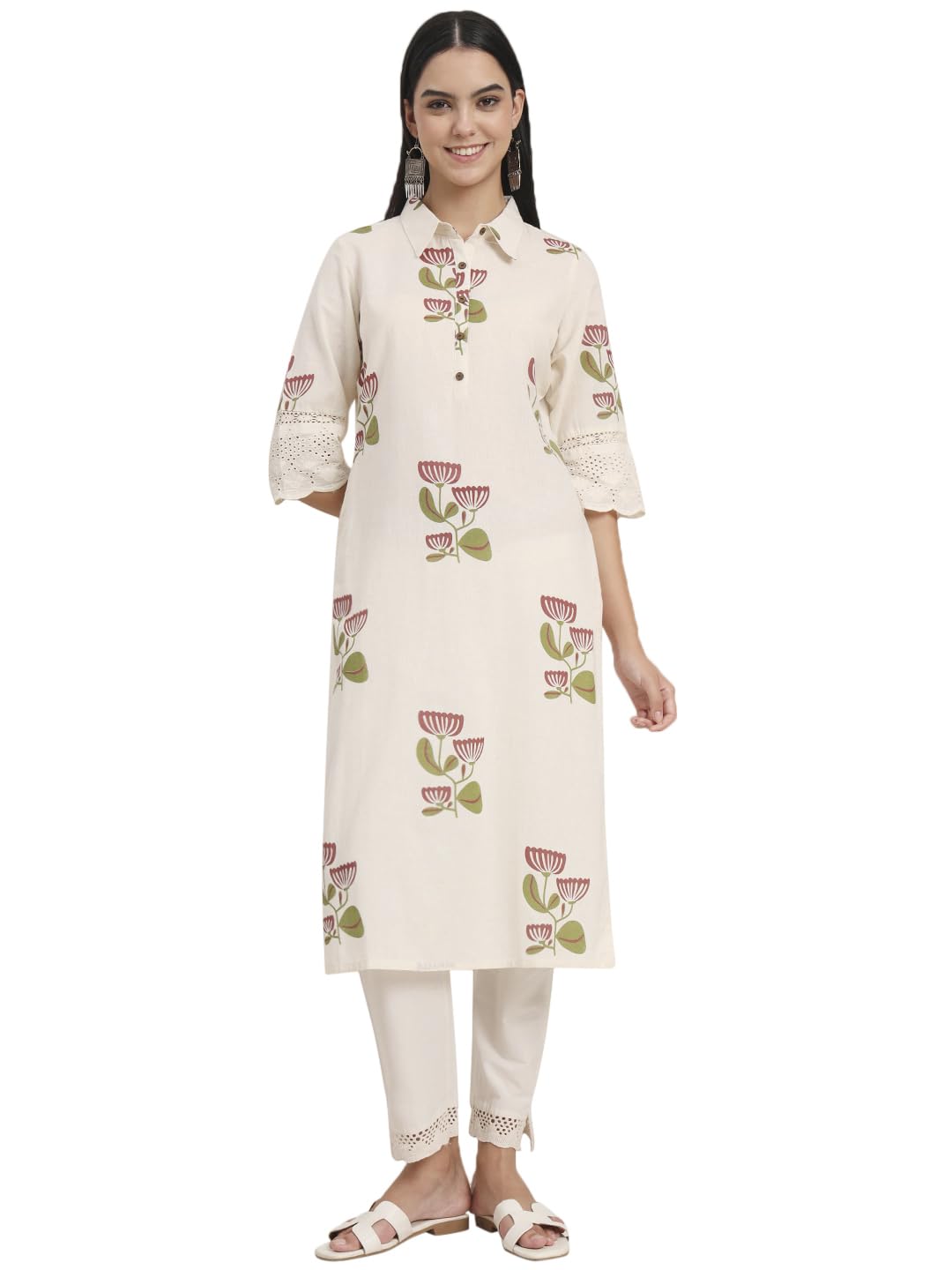 Divena Off White Floral Cotton A-Line Kurta (DBK1454)