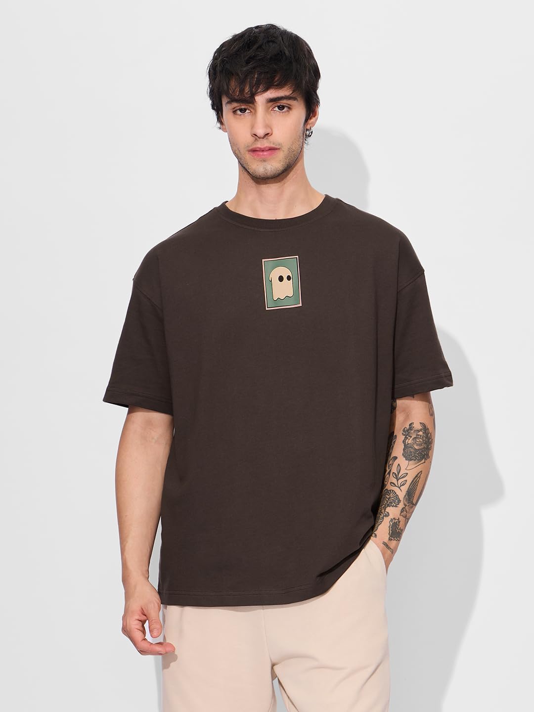 The Souled Store Poster Men and Boys Short Sleeves Round Neck Brown Graphic Printed Cotton Oversized T-Shirts